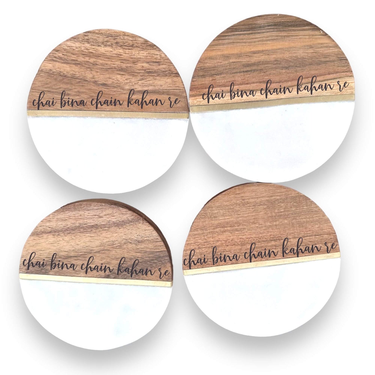 Chai Bina Chain Kahan Re  Tea Coasters Marble Wood with brass inlay (set of 4) Tinted Heritage