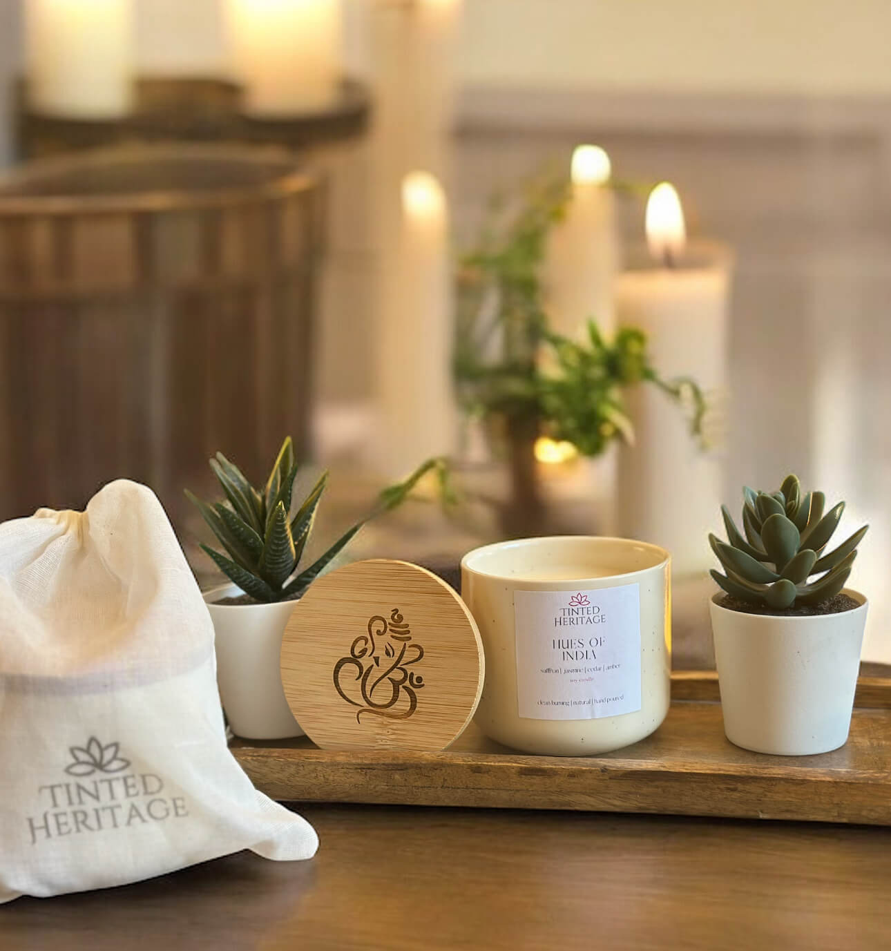 Hues of India – Luxury Handcrafted Soy Candle with Saffron, Amber & Jasmine| Engraved lids Inspired by Indian Traditions