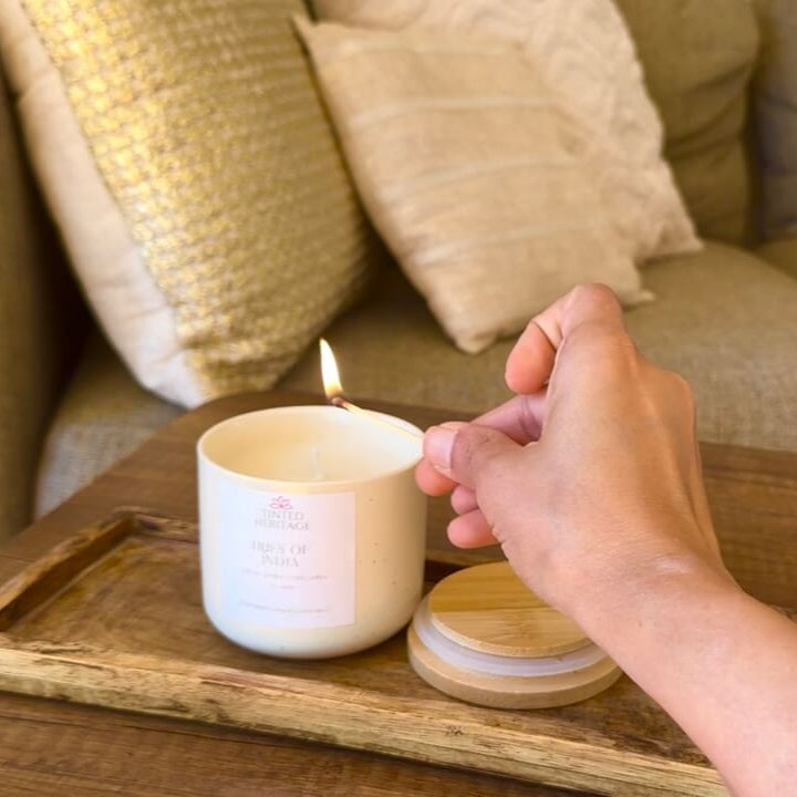 Hues of India – Luxury Handcrafted Soy Candle with Saffron, Amber & Jasmine| Engraved lids Inspired by Indian Traditions