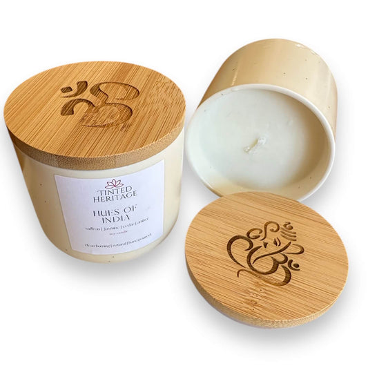 Hues of India – Luxury Handcrafted Soy Candle with Saffron, Amber & Jasmine| Engraved lids Inspired by Indian Traditions