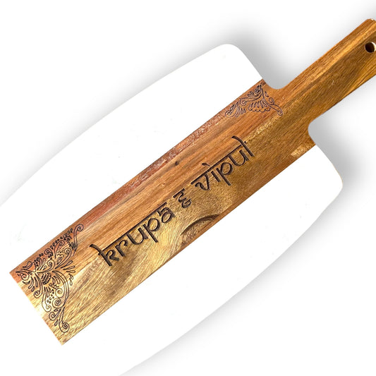 Personalized Acacia Marble Cheese Board with Mehendi design Tinted Heritage