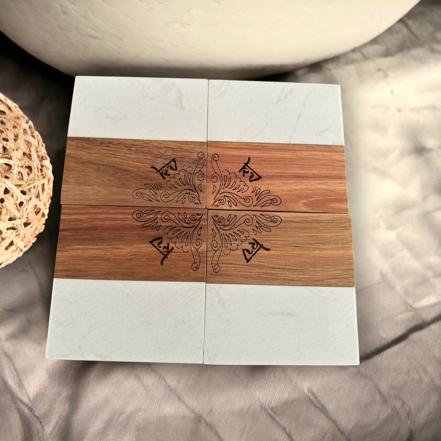 Personalized Marble Wood Coasters with Mehendi design Tinted Heritage