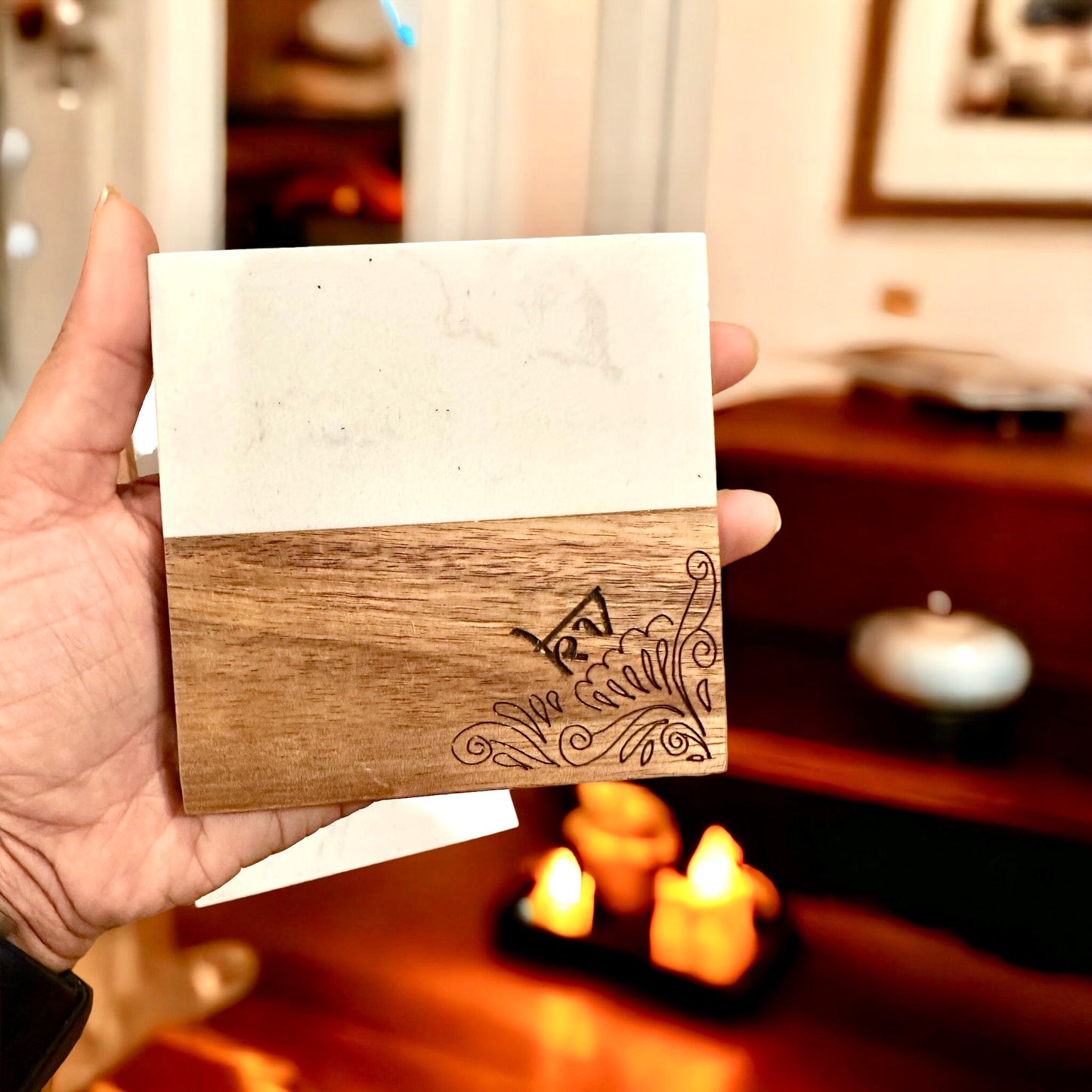 Personalized Marble Wood Coasters with Mehendi design Tinted Heritage