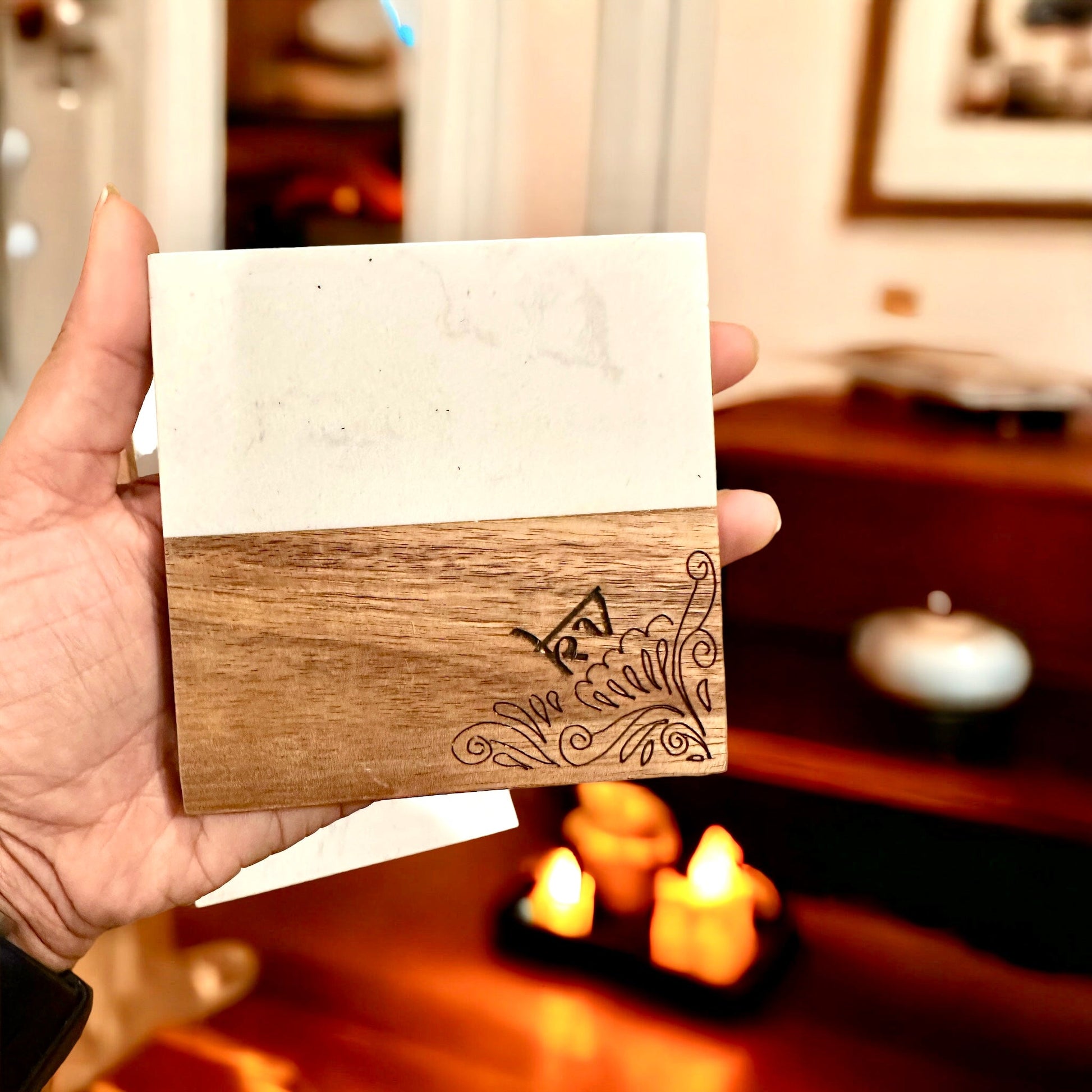 Personalized Marble Wood Coasters with Mehendi design Tinted Heritage