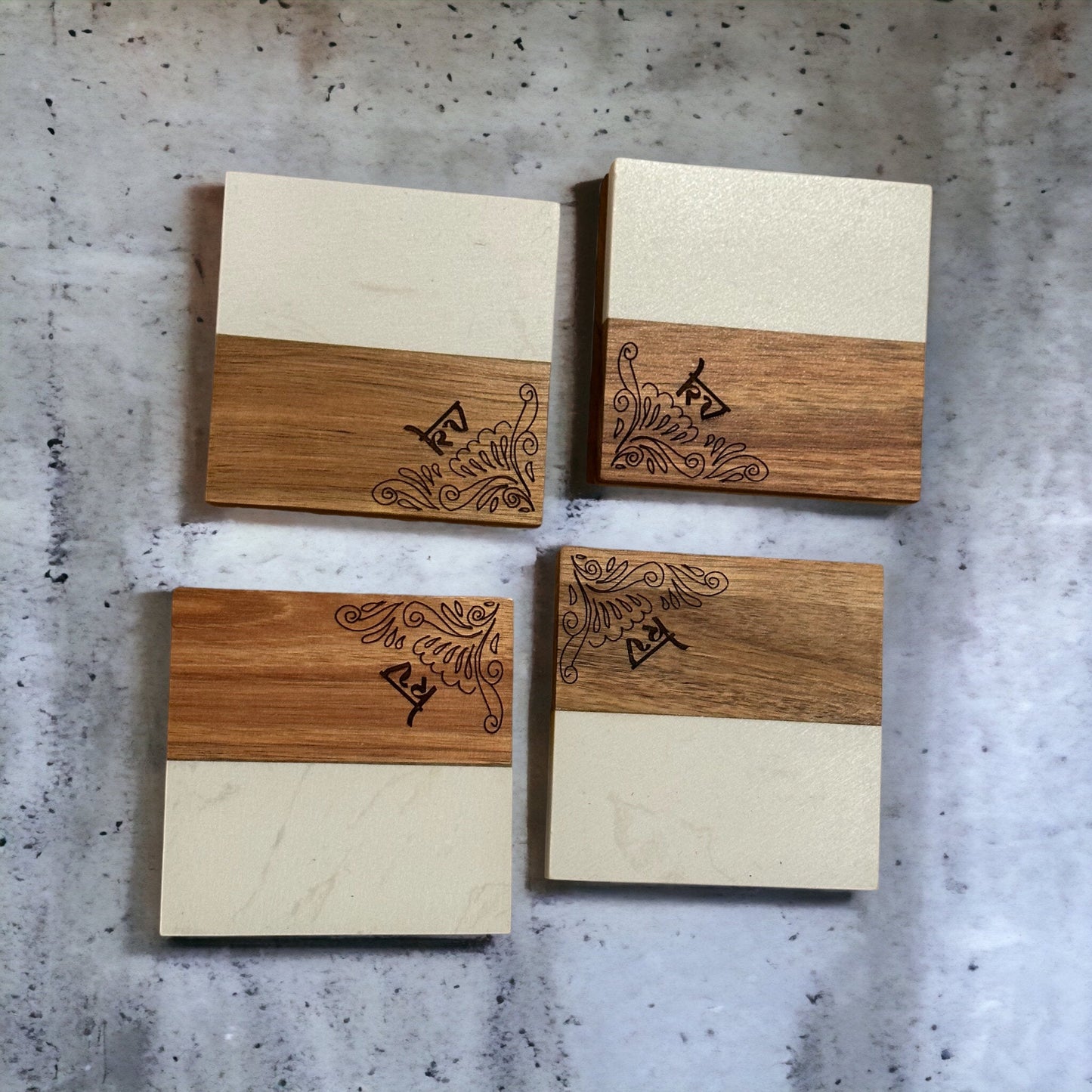 Personalized Marble Wood Coasters with Mehendi design Tinted Heritage