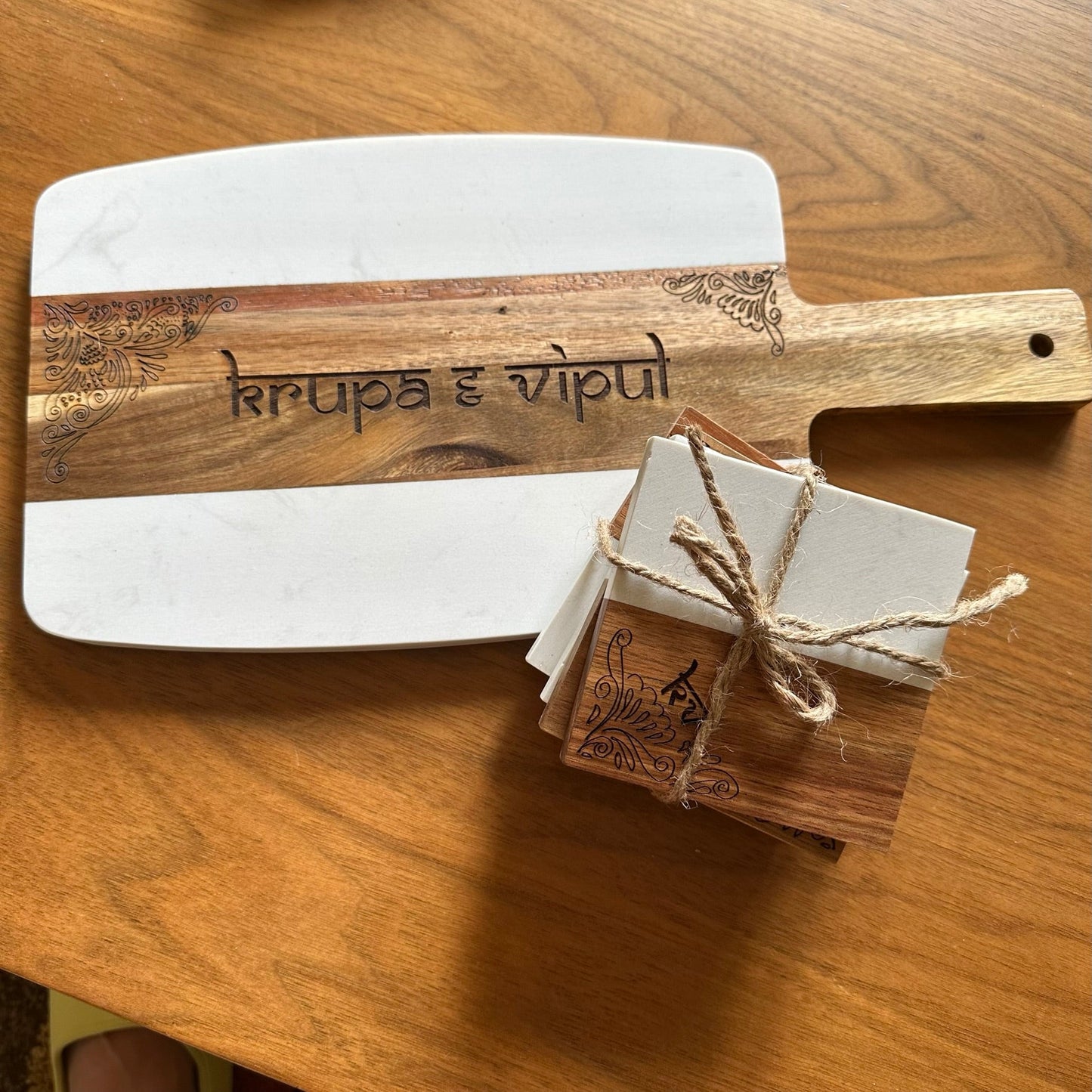 Personalized Marble Wood Coasters with Mehendi design Tinted Heritage