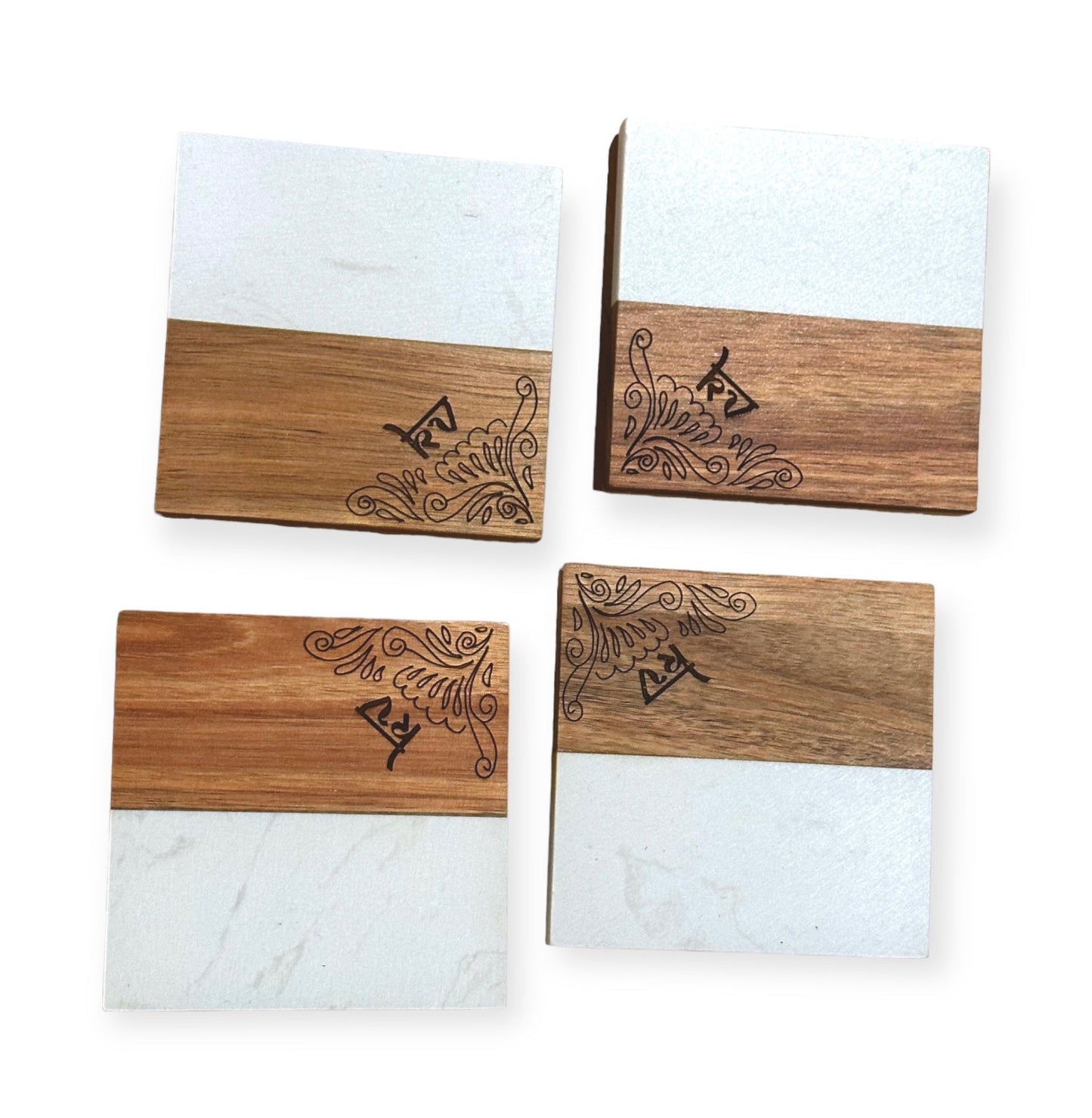 Personalized Marble Wood Coasters with Mehendi design Tinted Heritage