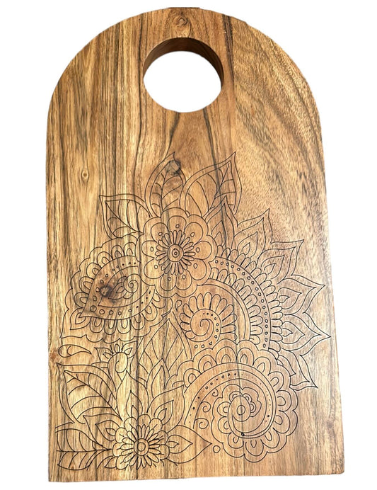 Round-Edged Acacia Wood Cutting Board with hand drawn design Tinted Heritage