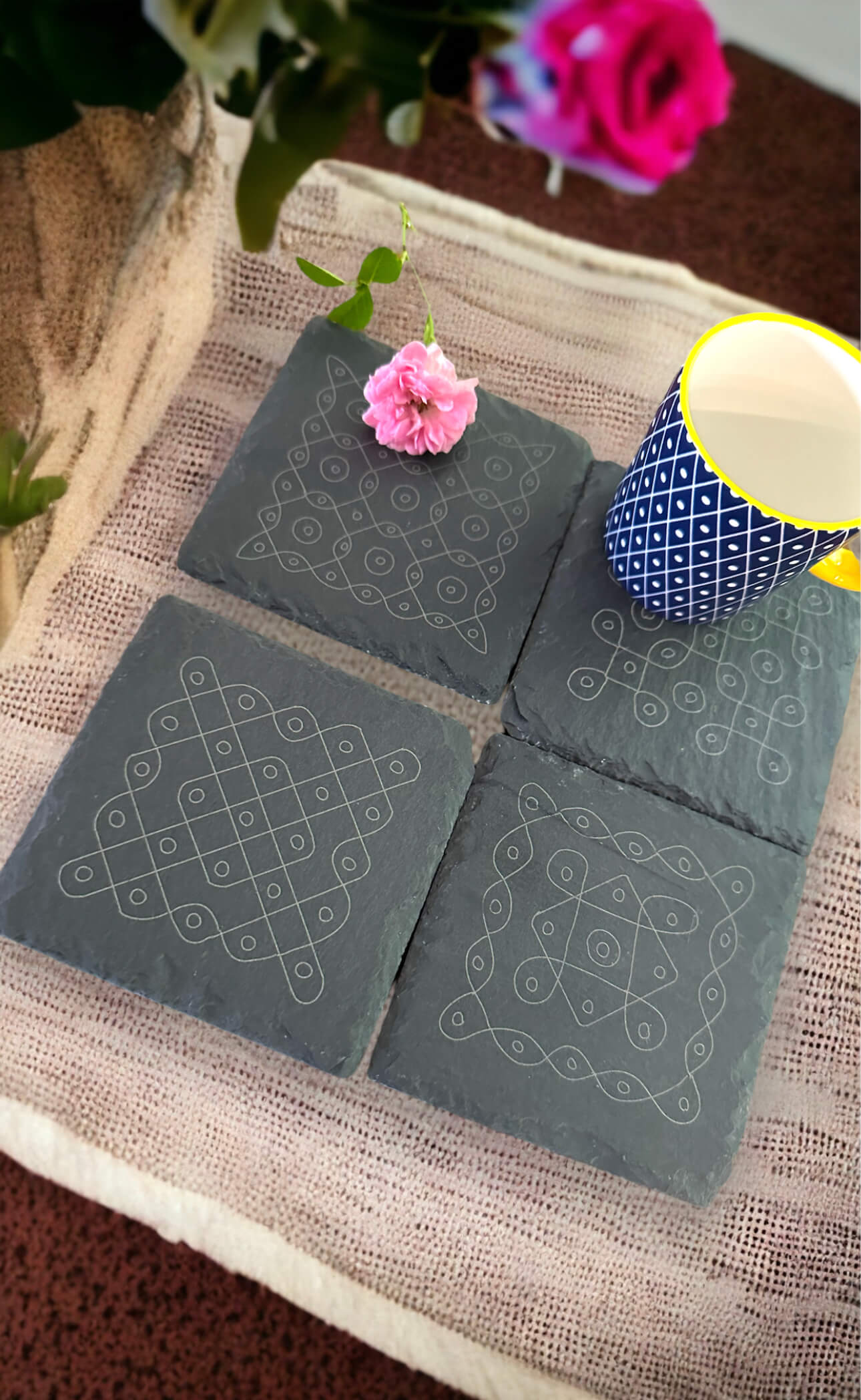Slate Coasters with Kolam Art design Tinted Heritage