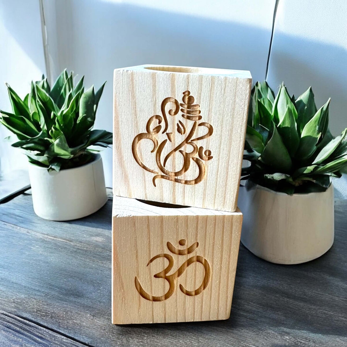 Wooden Tealight Holder - Ganeshji & Om