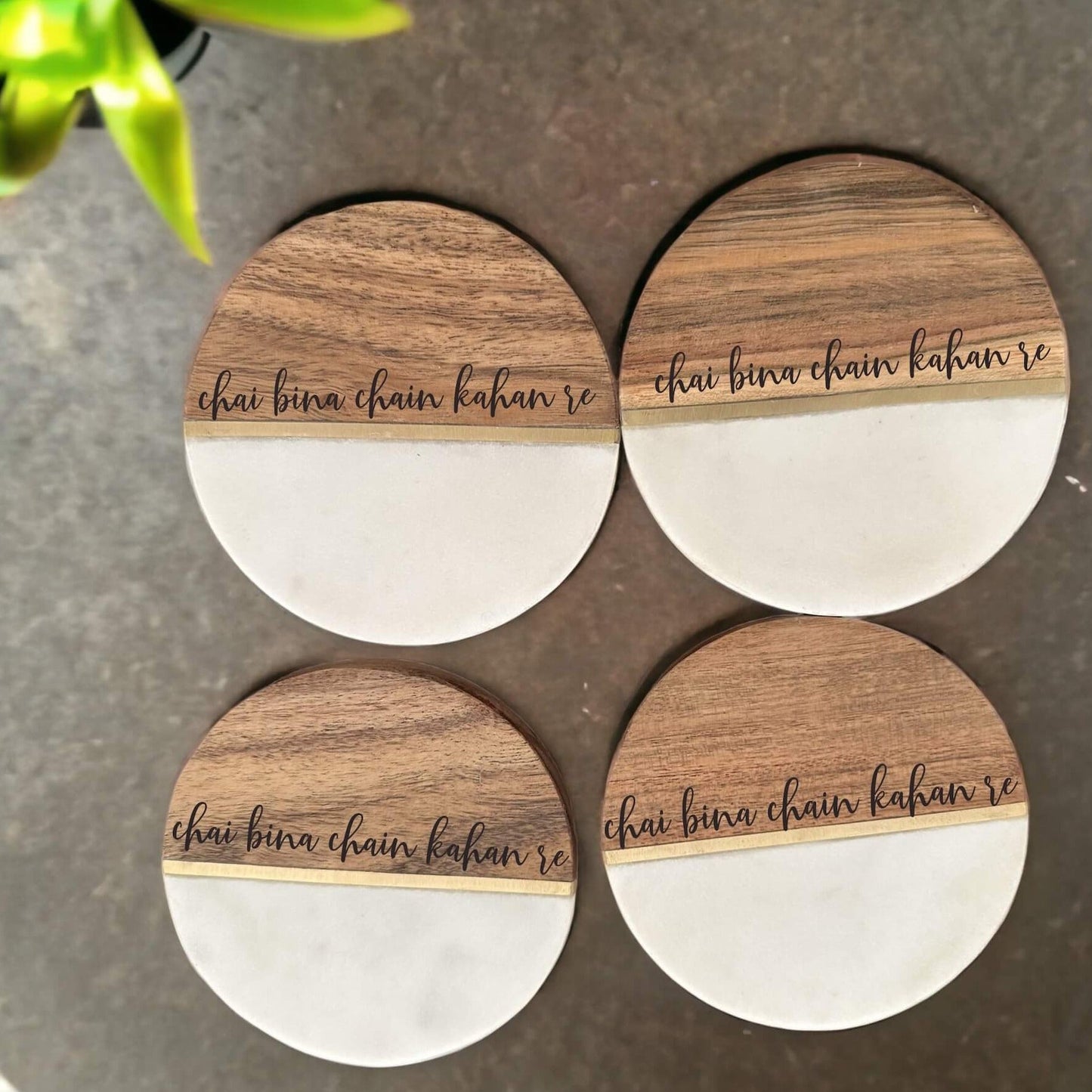 Chai Bina Chain Kahan Re  Tea Coasters Marble Wood with brass inlay (set of 4) Tinted Heritage