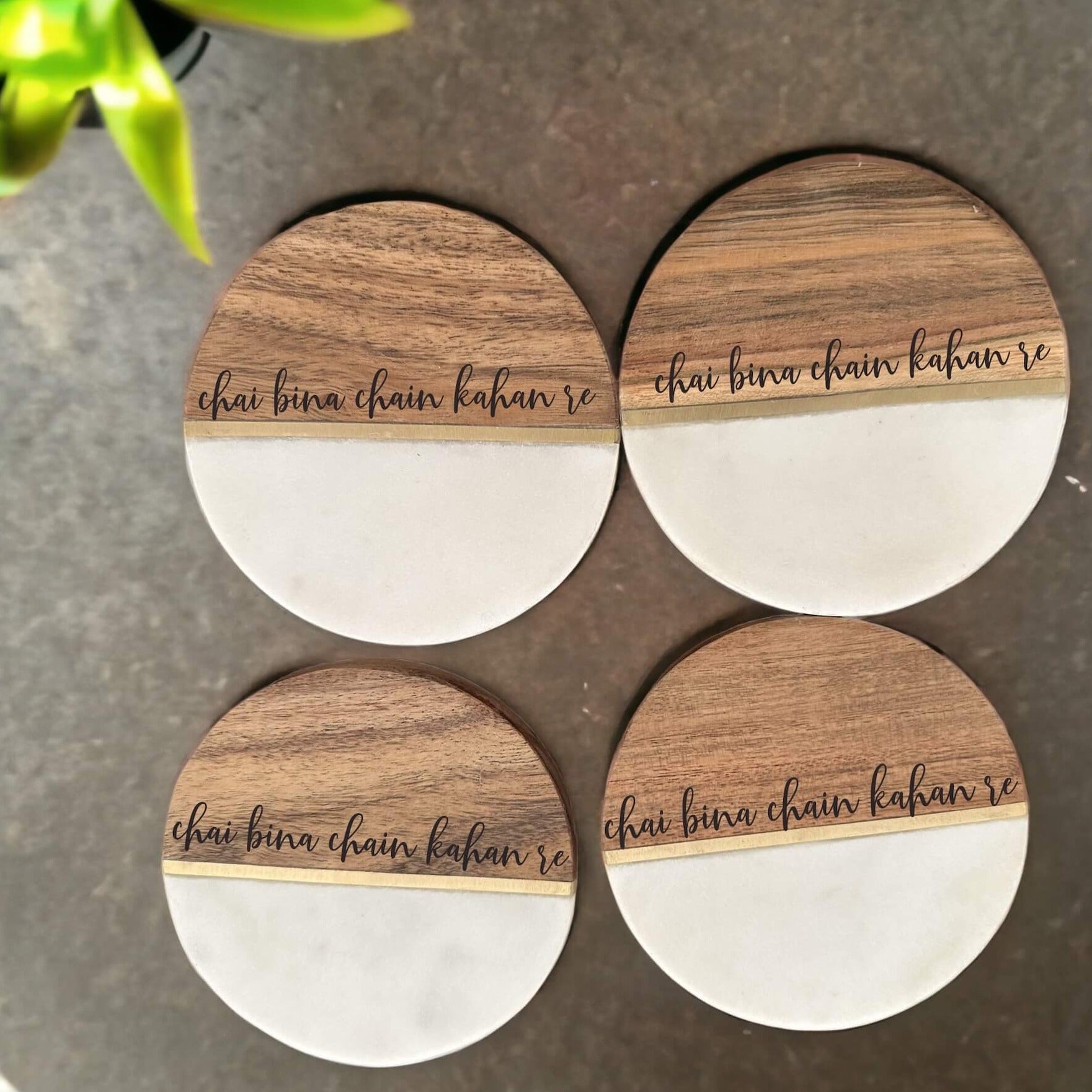 Chai Bina Chain Kahan Re  Tea Coasters Marble Wood with brass inlay (set of 4) Tinted Heritage