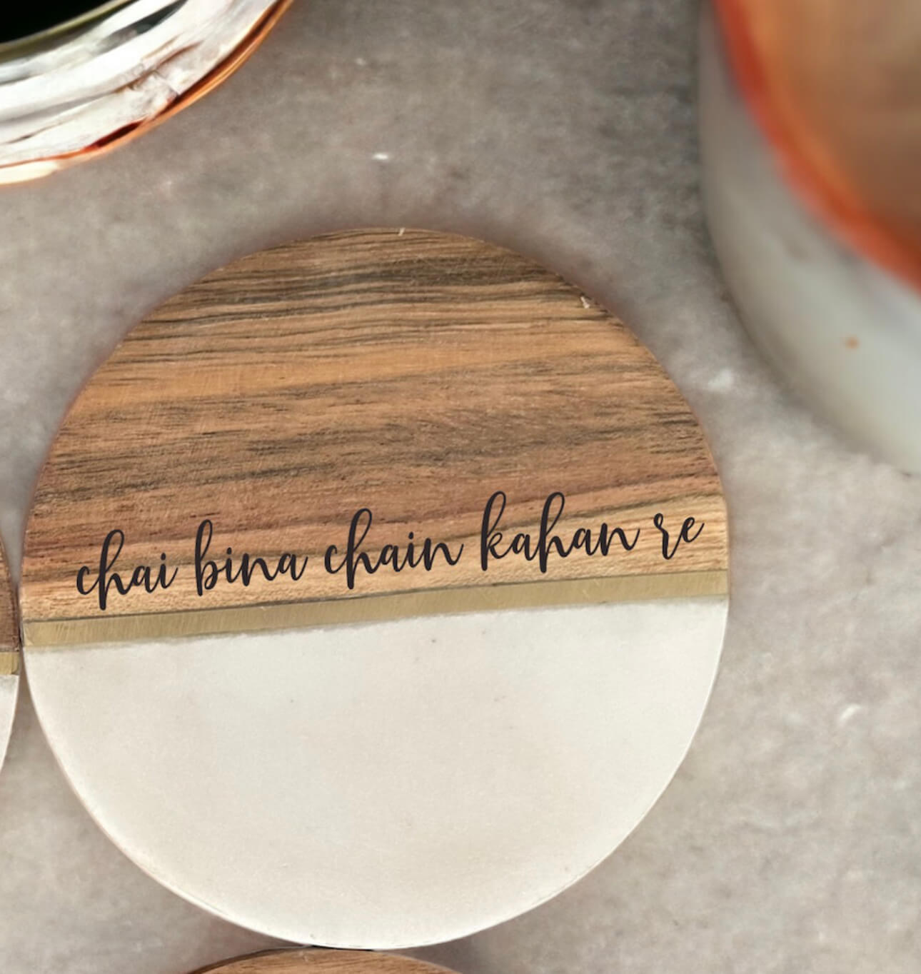 Chai Bina Chain Kahan Re  Tea Coasters Marble Wood with brass inlay (set of 4) Tinted Heritage