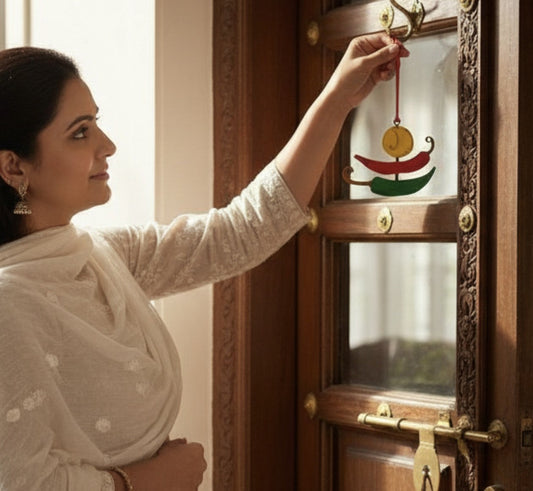 Nimbu mirchi ritual placed on a doorway, symbolizing intention, protection, and traditional Indian practices in a modern home.