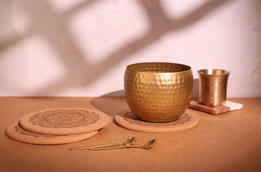 Mandala trivet coasters and brass utensils 