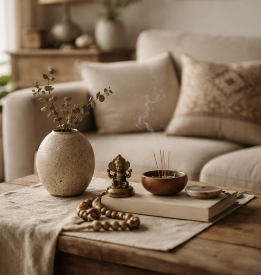A warm living room scene with meaningful objects including a small brass Ganesha, incense, ceramic vase, and books representing the quiet narrative of objects in a home