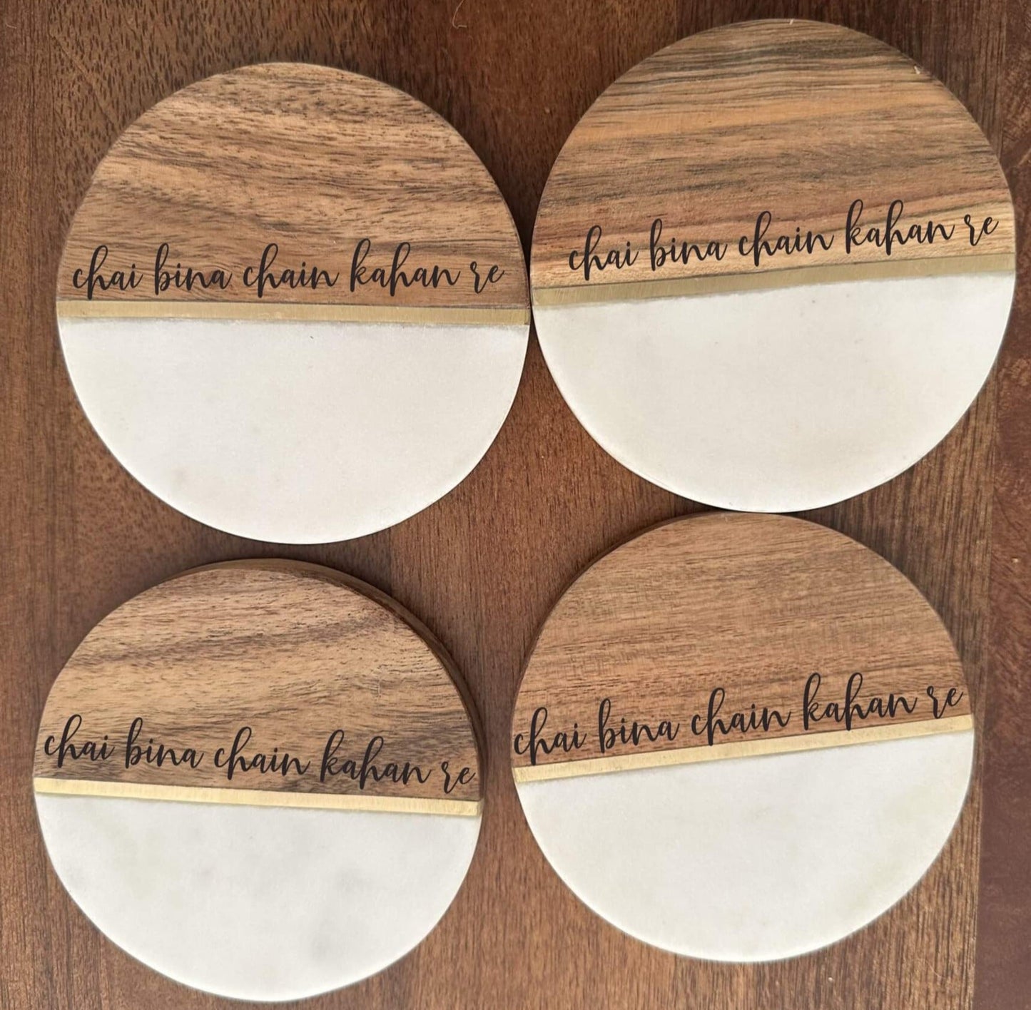 Chai Bina Chain Kahan Re  Tea Coasters Marble Wood with brass inlay (set of 4) Tinted Heritage