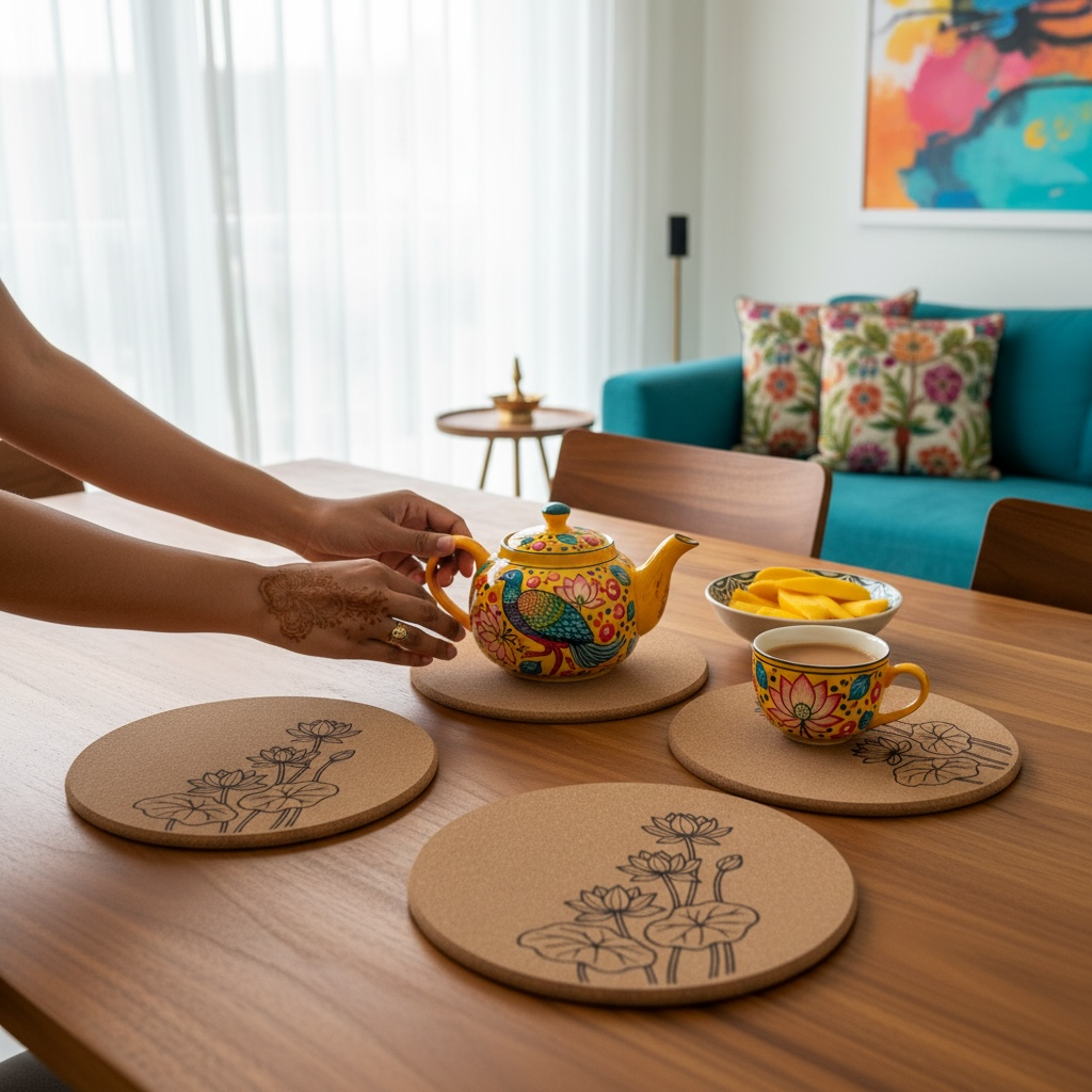 Person setting a tea table with a colorful teapot and mug in a living room.
