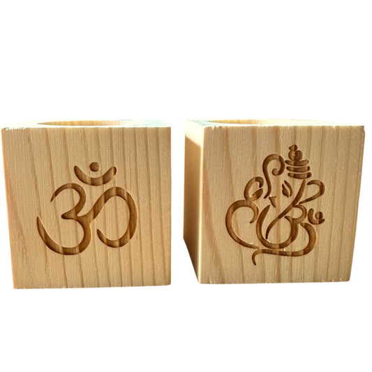 Wooden Tealight Holder - Ganeshji & Om