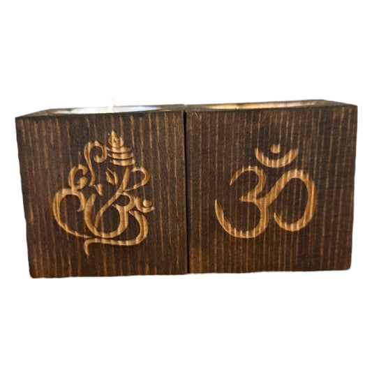 Wooden Tealight Holder - Ganeshji & Om