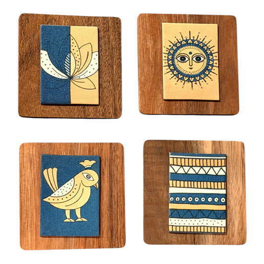 Four wooden panels with mini art prints mounted - design inspired by indian folk art 