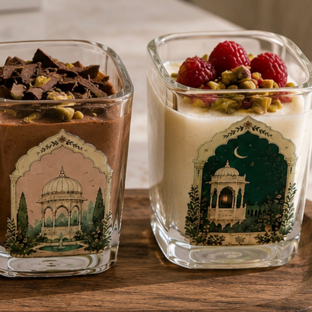 Two square glass jars with decorative illustrated labels sit on a wooden surface. The left jar contains a brown chocolate dessert topped with chocolate chips and pistachios.