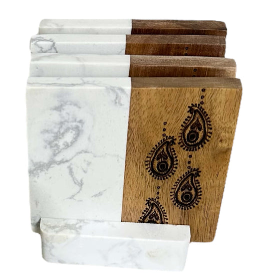 Marble & Wood Coasters – Paisley Bagru Print (Set of 4 + Base)