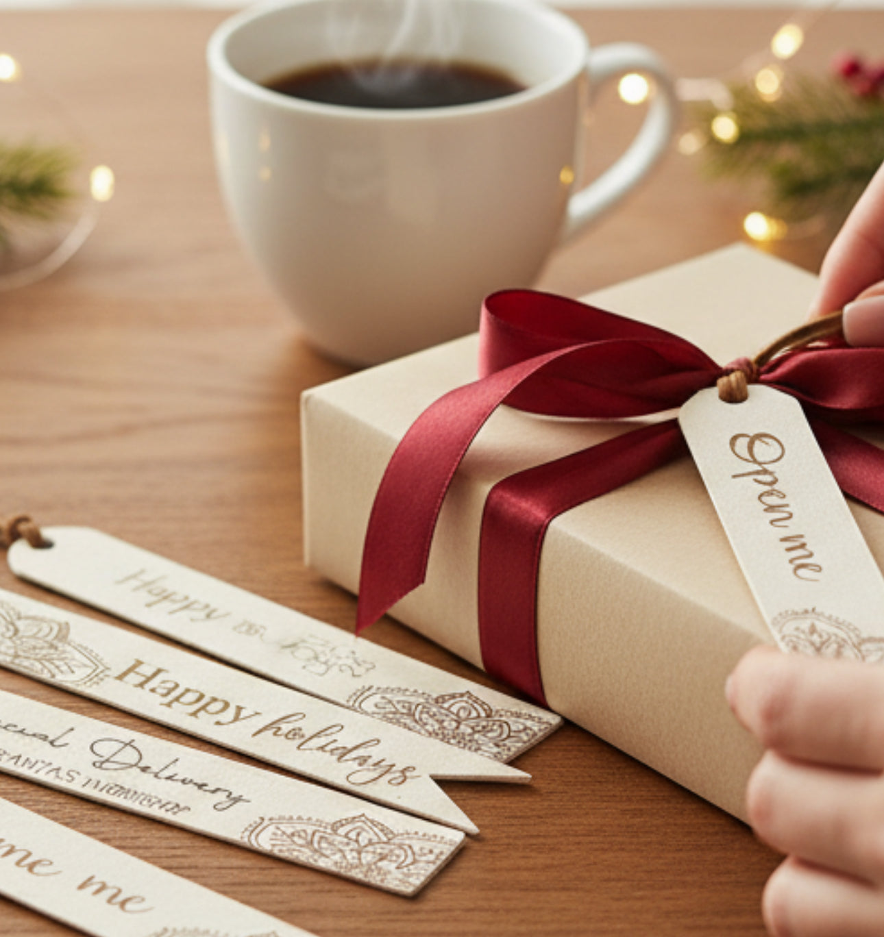 Gift box with red ribbon and decorative tags on a wooden table with a cup of coffee.
