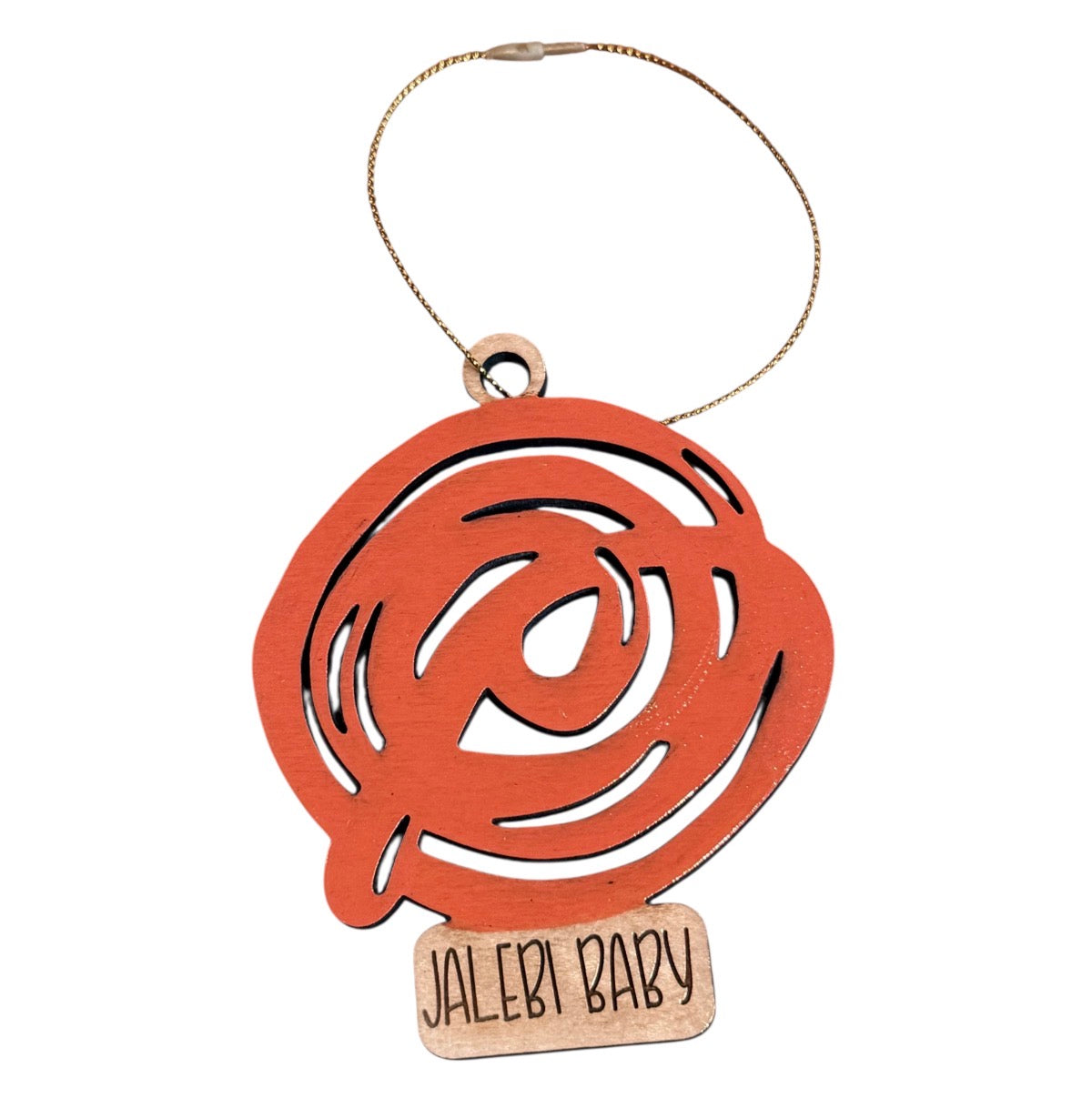 Wooden ornament with 'Jalebi Baby' text on a white background