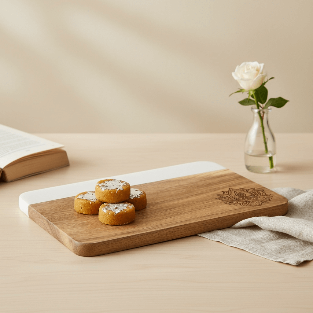 Mini marble and wood lotus accent board styled with candle on coffee table