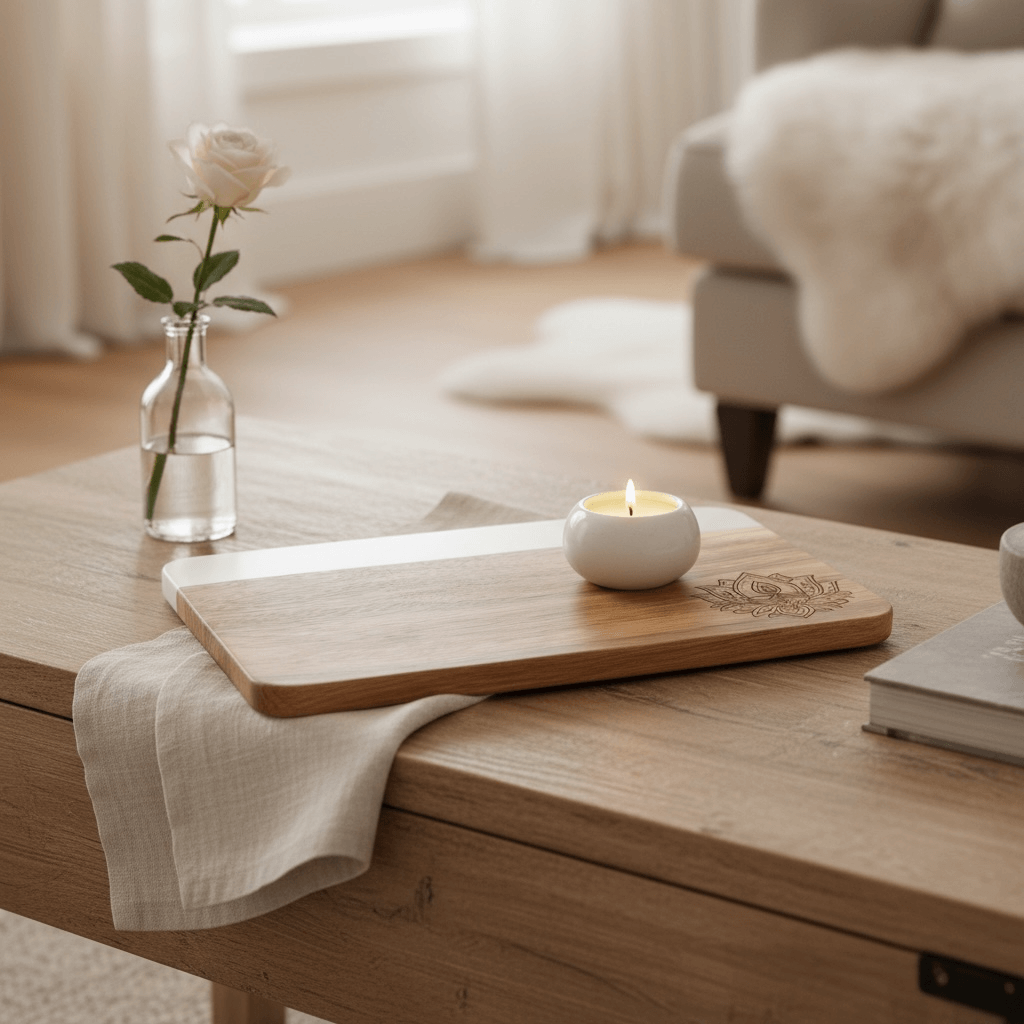 Marble and wood lotus board used as a mithai serving board for small gatherings
