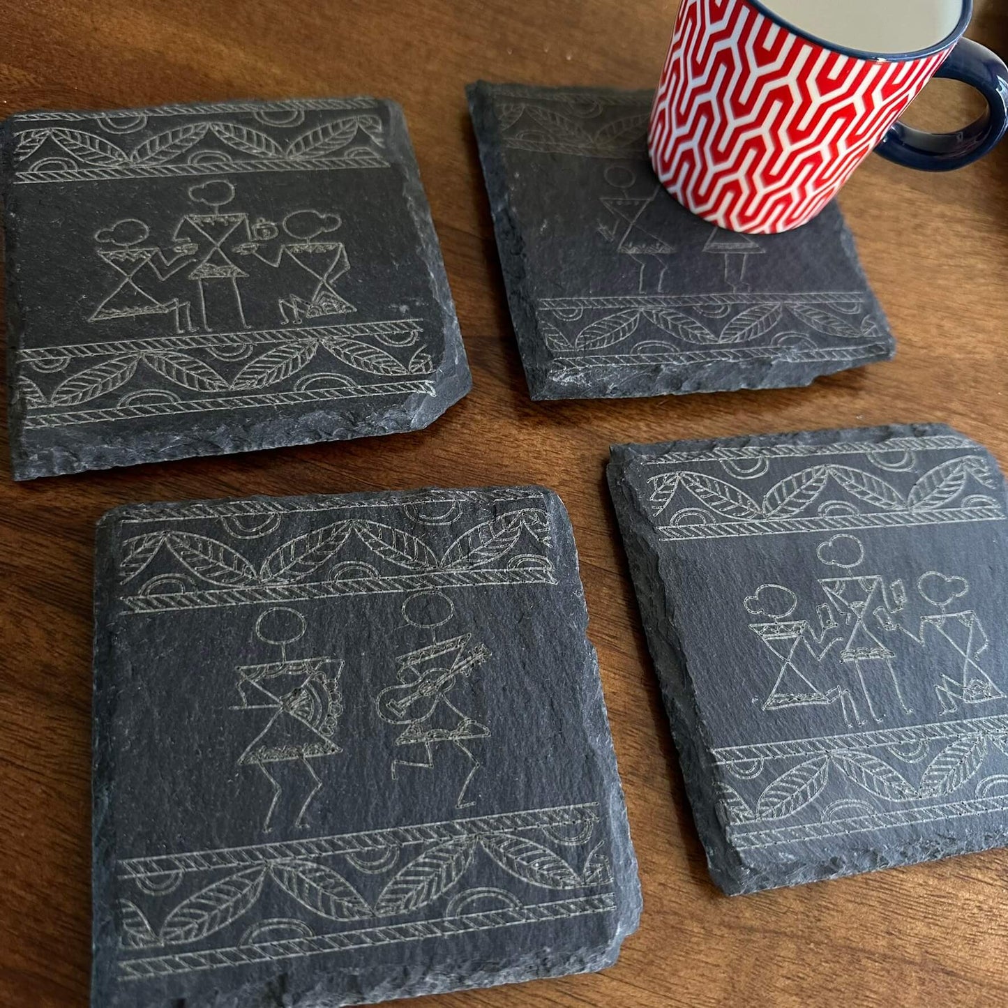 Modern Warli Art Slate Coasters - A day in Today's life