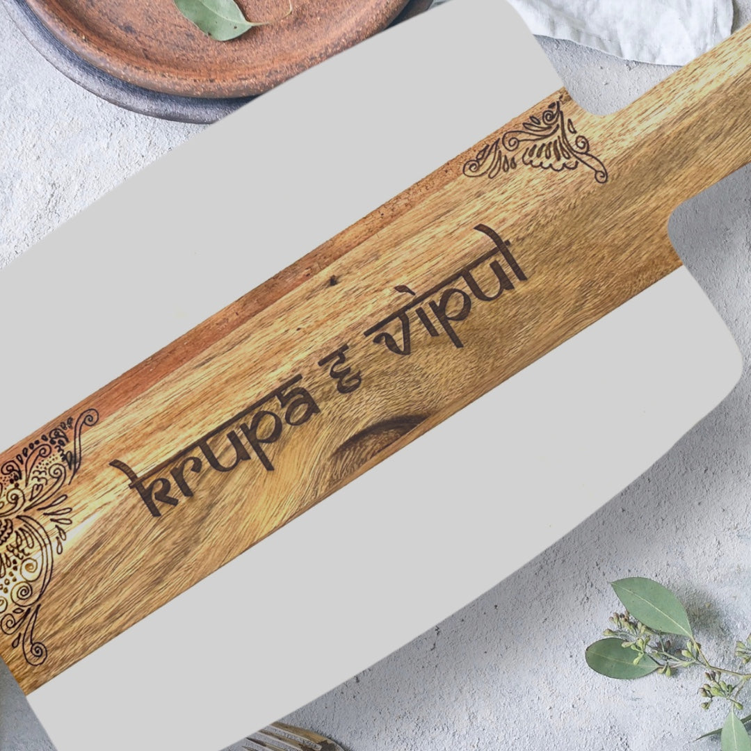 Personalized Acacia Marble Cheese Board with Mehendi design Tinted Heritage