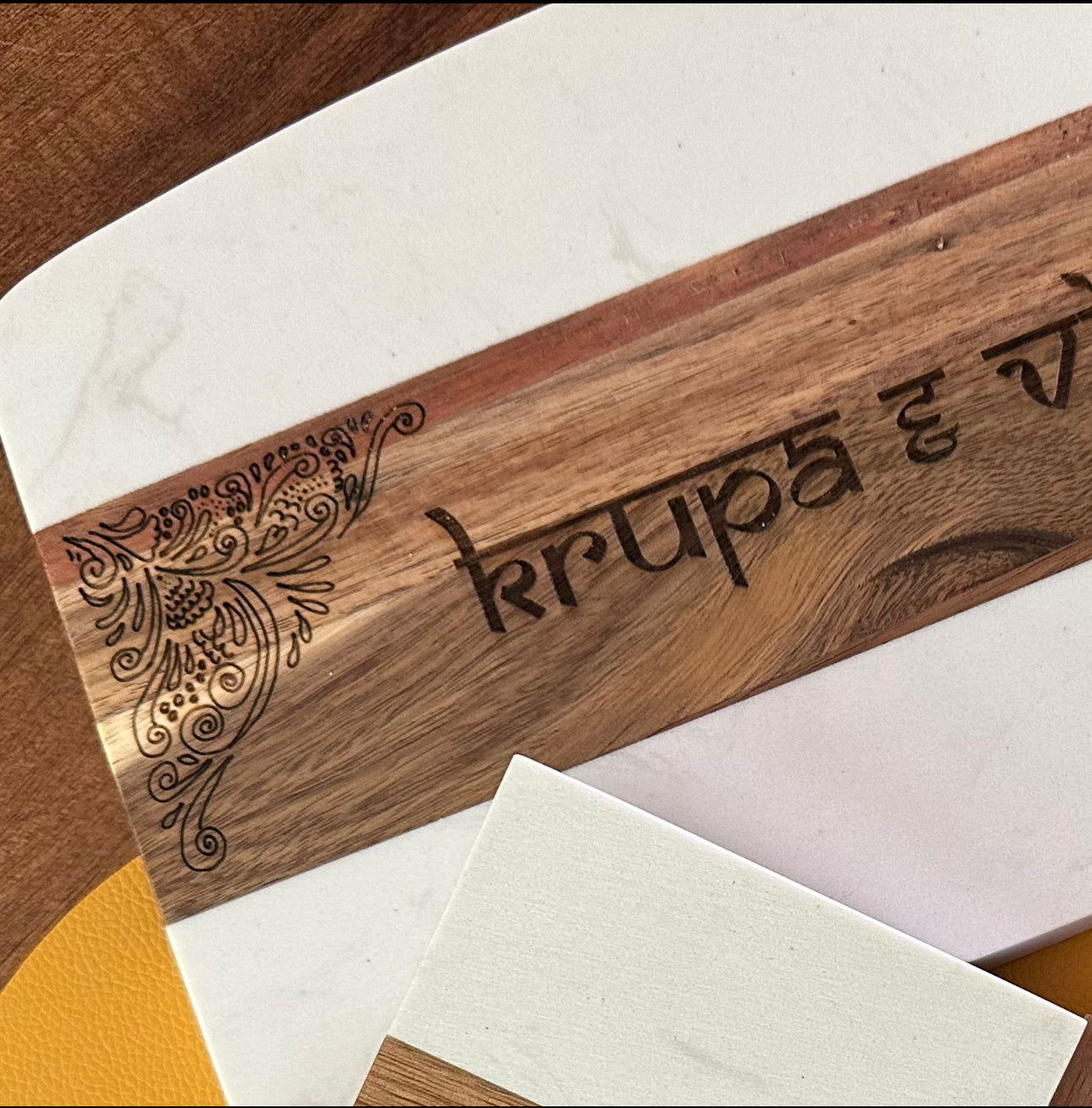 Personalized Acacia Marble Cheese Board with Mehendi design Tinted Heritage