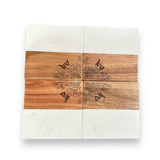 Personalized Marble Wood Coasters with Mehendi design Tinted Heritage