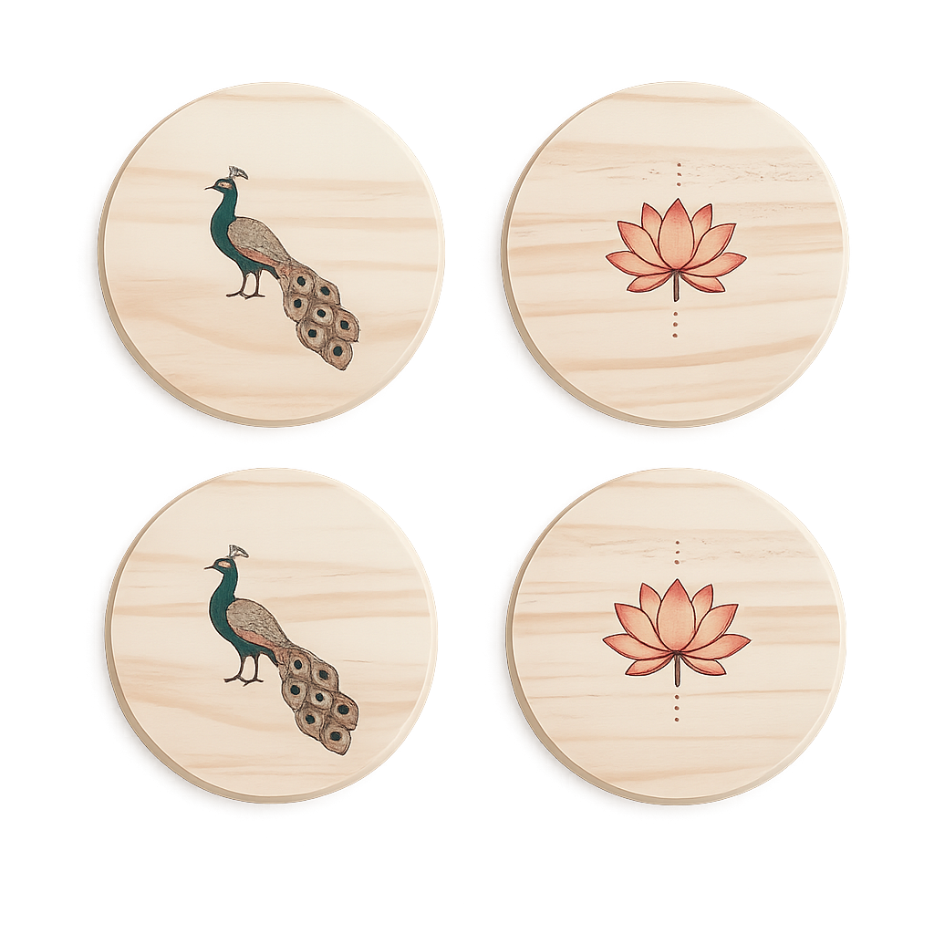 Four wooden coasters with peacock and lotus designs on a white background