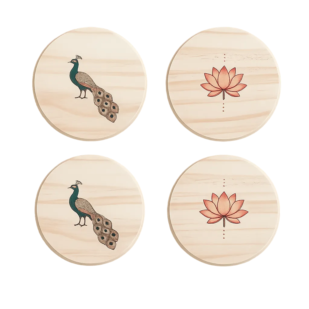 Four wooden coasters with peacock and lotus designs on a white background