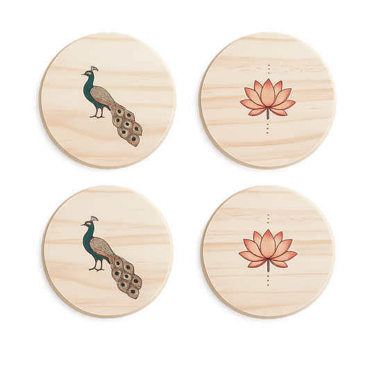 Four wooden coasters with peacock and lotus designs on a white background