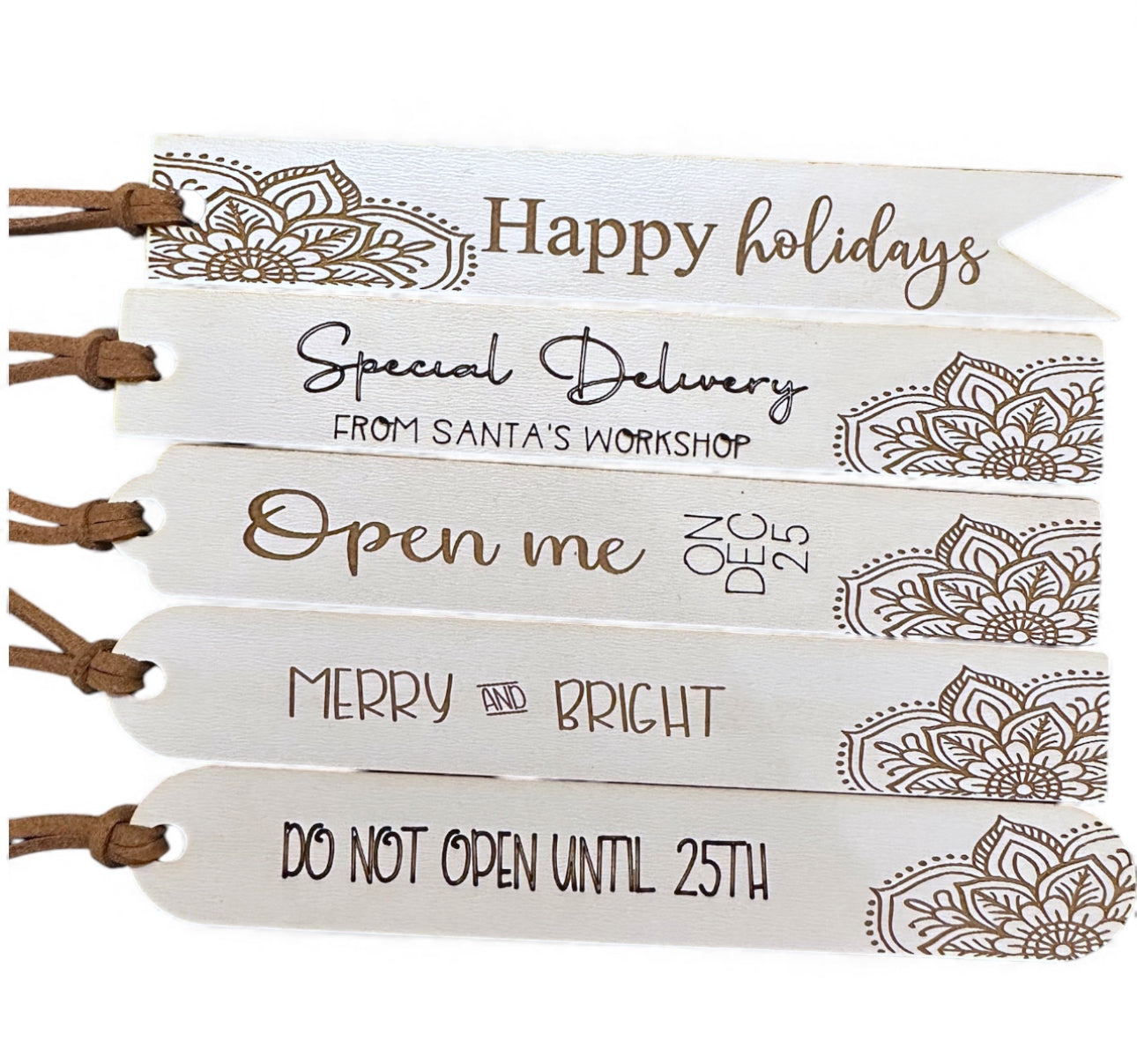 Reusable Holiday Keepsake White Wood Gift Tags with Indian Inspired Motifs
