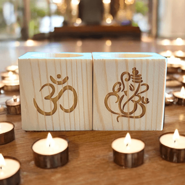 Wooden Tealight Holder - Ganeshji & Om