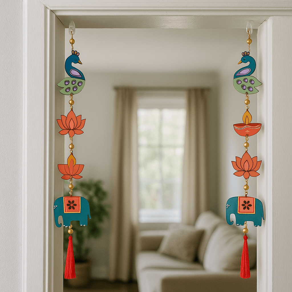 Decorative hanging with peacock, lotus, and elephant designs in a living room setting.