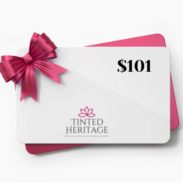 Gift card with a pink bow and 'Tinted Heritage' branding on a white background