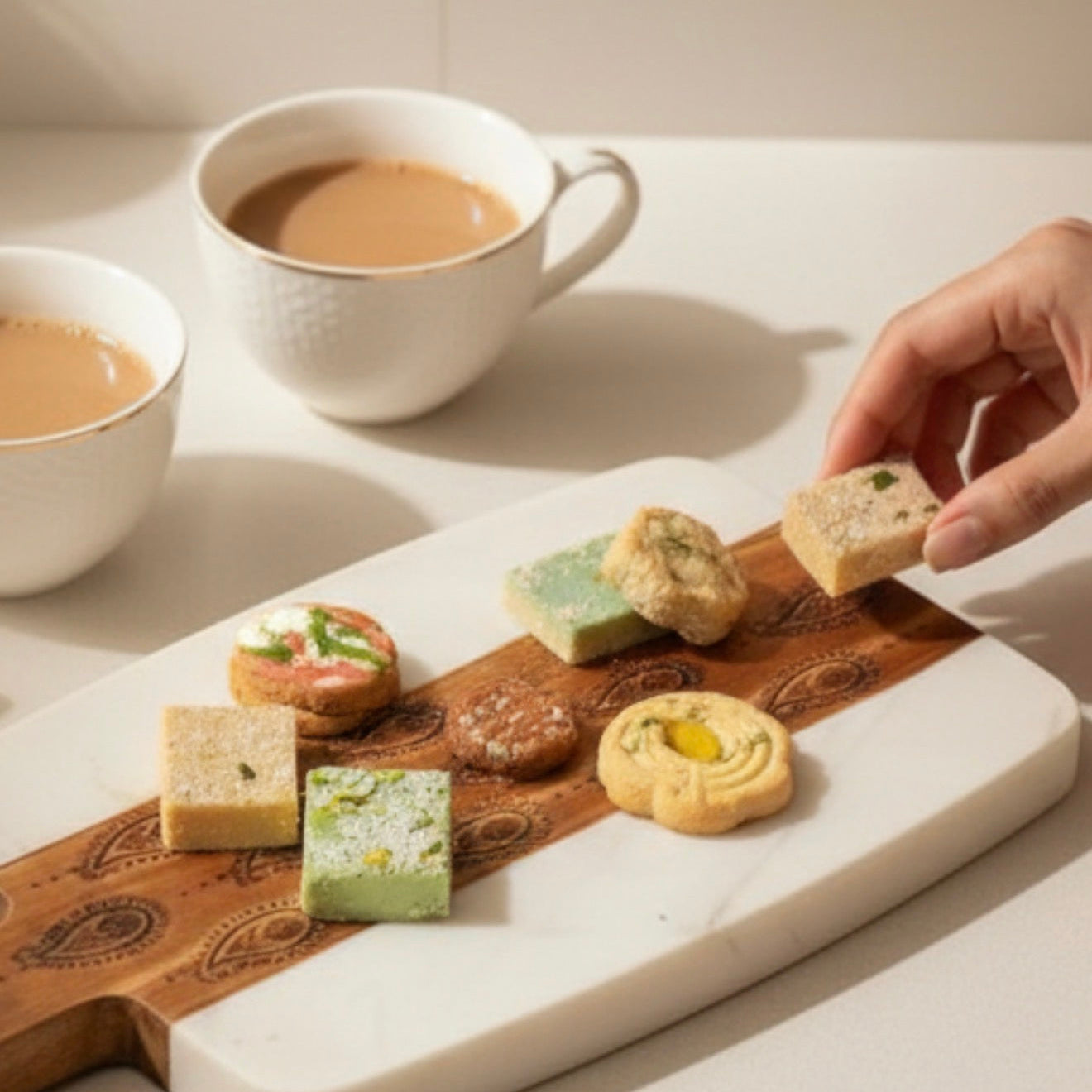 Paisley Board being used for serving mithai and chai