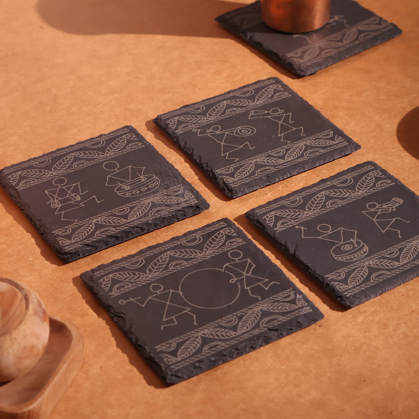 Warli Art Musician Slate Coasters – Indian Folk Art Decor | Handcrafted South Asian-Inspired Gift