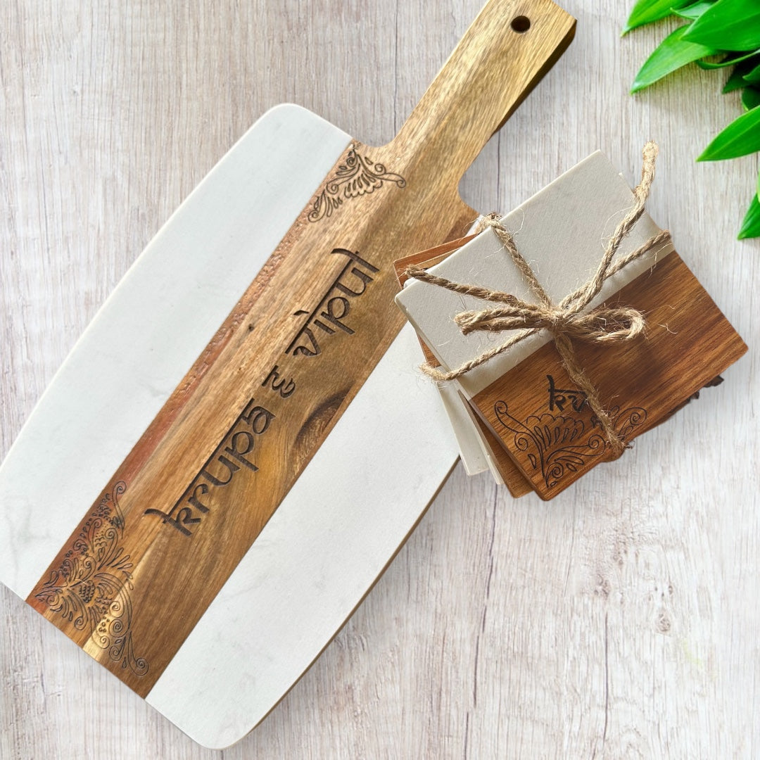 Personalized Acacia Marble Cheese Board with Mehendi design Tinted Heritage