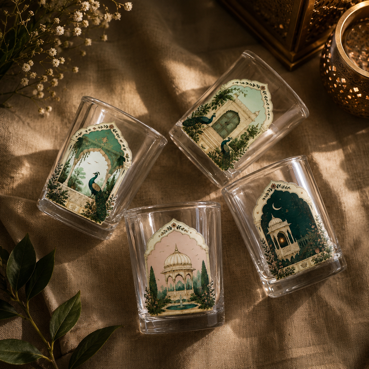 Four clear glass candle holders with ornate vintage-style architectural and peacock illustrations, arranged on a textured beige fabric with decorative leaves and flowers.